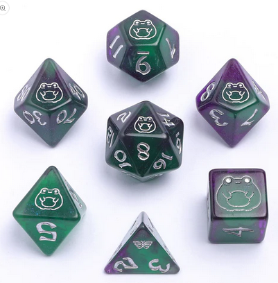 Bog Frog Round Edged Dice Set Glow in the dark-Silver (7)