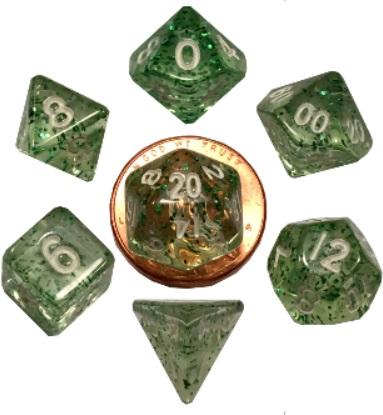 Mini Polyhedral Dice Set Ethereal Green with White Numbers