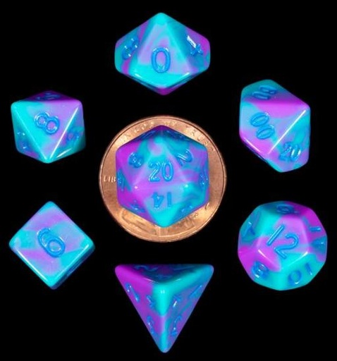 [MET4172] Mini Polyhedral Dice Set Purple/Teal with Blue Numbers