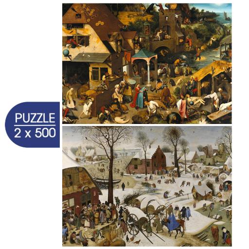 [Grafika-F-33705] 2 Puzzles - The Art of Pieter Brueghel: Flemish Proverbs - The Enumeration of Bethlehem (500pc Puzzle)